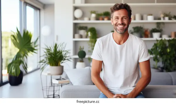 Portrait of a smiling man sitting on a couch in a modern living room
