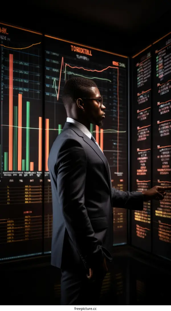 A businessman looking at a stock market data on a large screen