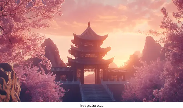 Ancient Chinese Architecture with Cherry Blossoms at Sunset
