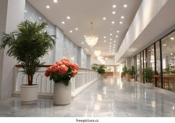 Elegant Interior Hallway with Lush Plants