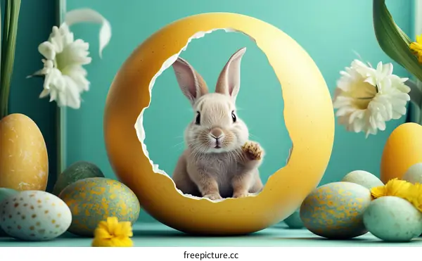 Easter Bunny in a Broken Egg Shell Festive Scene