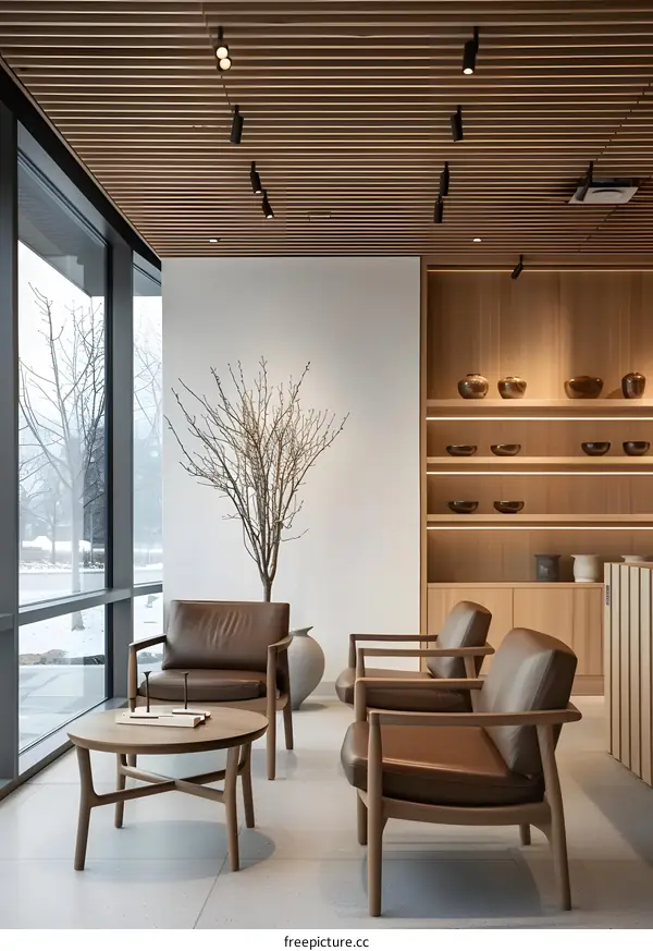 Modern Minimalist Interior Design with Wooden Ceilings and Leather Chairs