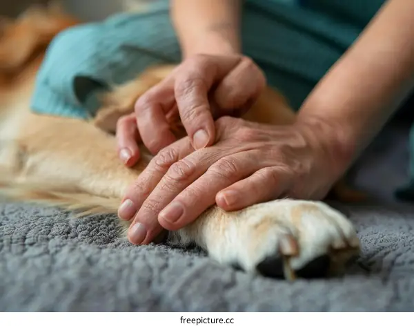 A woman's hand gently撫摸着一只狗的爪子