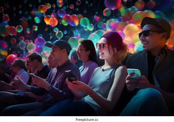 Group of diverse people using smartphones in a colorful balloons environment