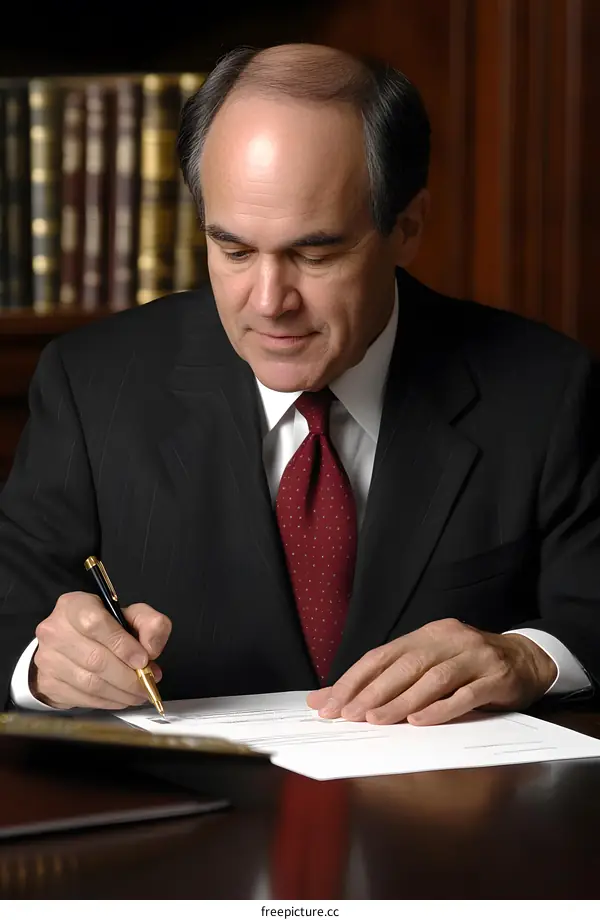 Businessman Signing Important Document in Office