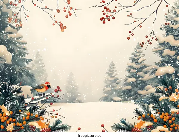 A winter scene with a bird perched on a branch