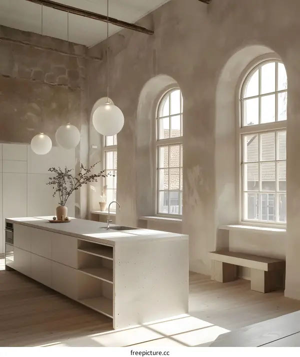 Minimalist Kitchen Design with Arched Windows and Concrete Island