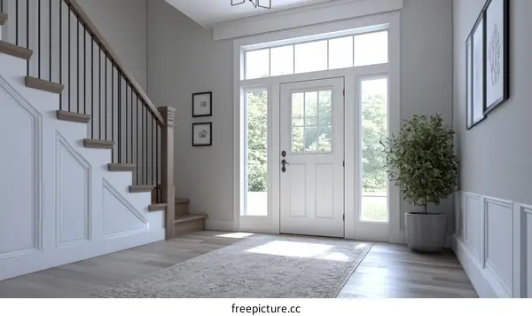 Modern Farmhouse Entryway with Wooden Staircase