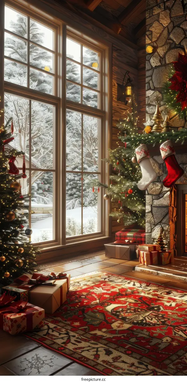 Cozy Christmas Living Room with Fireplace, Tree, and Gifts