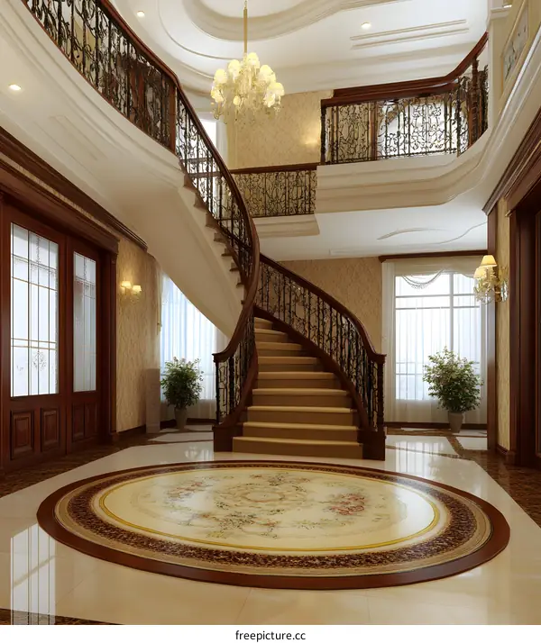 Luxury Interior Design with Curved Staircase and Chandelier