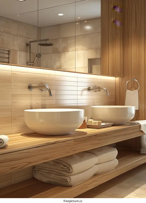 Modern Bathroom Vanity with Double Sinks and Wooden Shelving