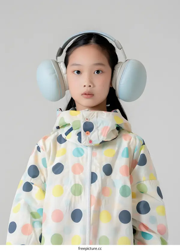 Young Asian Girl Wearing Blue Headphones and Polka Dot Jacket