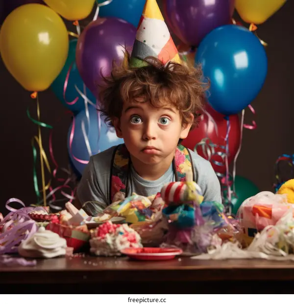 A young boy sits at a table covered in party supplies, looking sad and overwhelmed.
