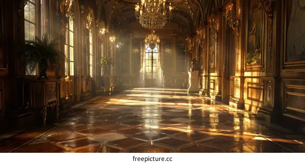 Grand Marble Hallway with Crystal Chandelier