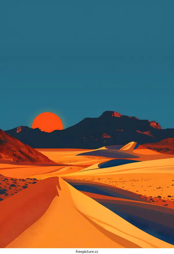 Desert Landscape Illustration with Sunset and Mountains