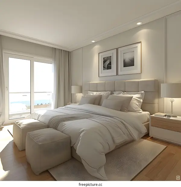 A bedroom with a large bed, two nightstands, and a large window