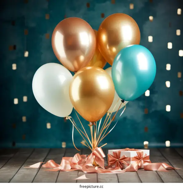 Gold and blue balloons with a present on a wooden table