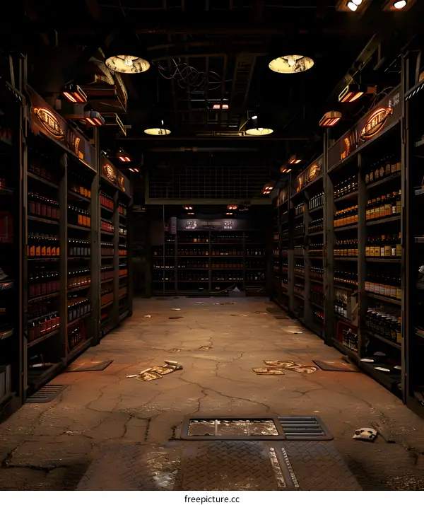 Dark and Abandoned Warehouse with Shelves Full of Bottles