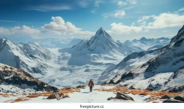 A lone hiker stands on a snowy mountaintop and gazes at the view