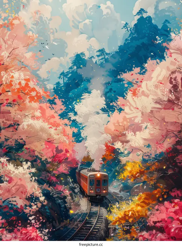 The train journey through the beautiful cherry blossom forest