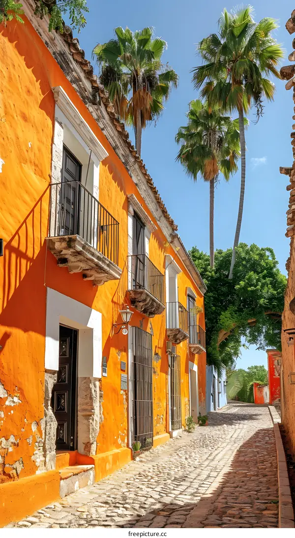 A colorful street with colonial style buildings and palm trees
