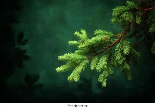 Close-up of a Green Fir Branch against Dark Background