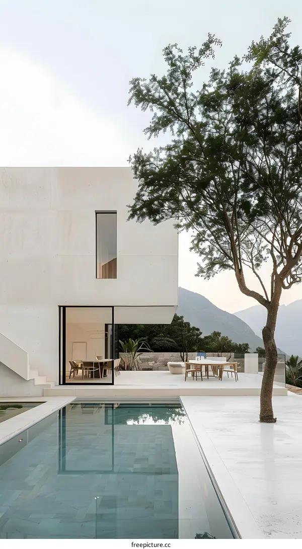 Modern Minimalist Architecture with Swimming Pool and Mountain View
