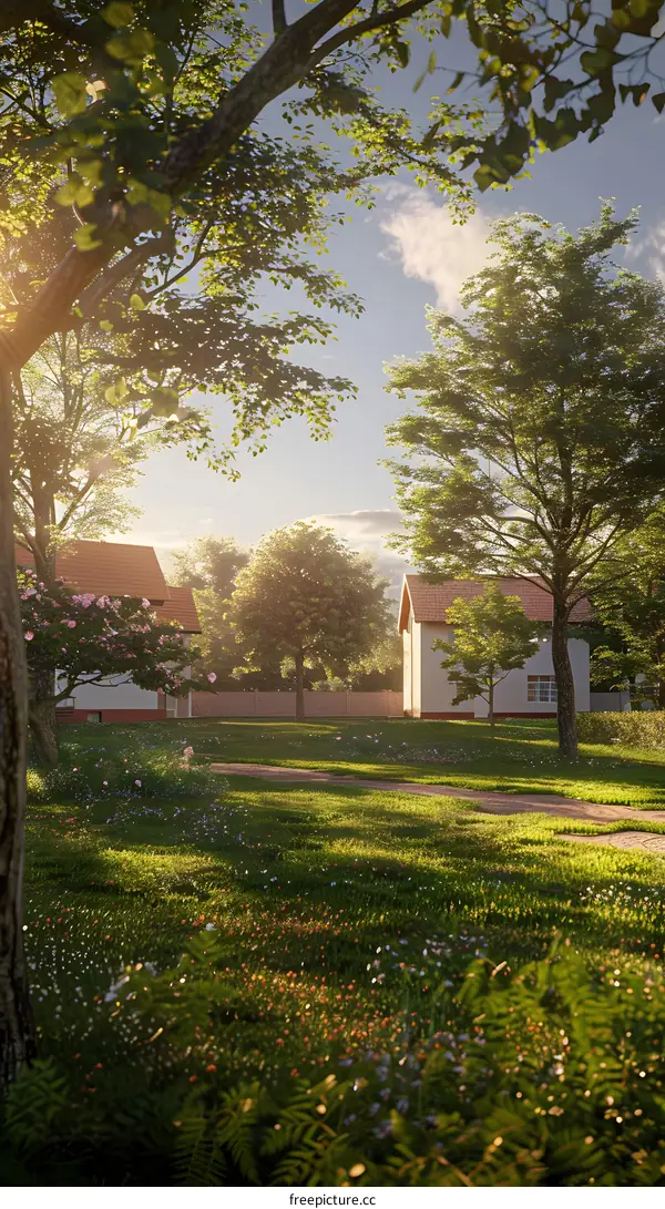 Beautiful Green Meadow with Two Small Houses in the Background