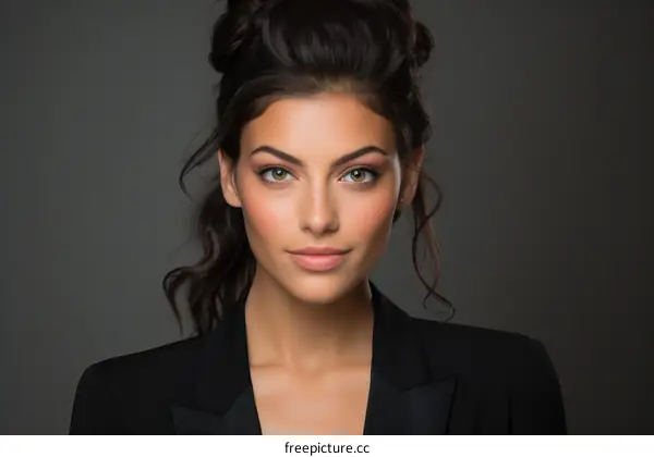 portrait of a young woman with brown hair and green eyes wearing a black suit