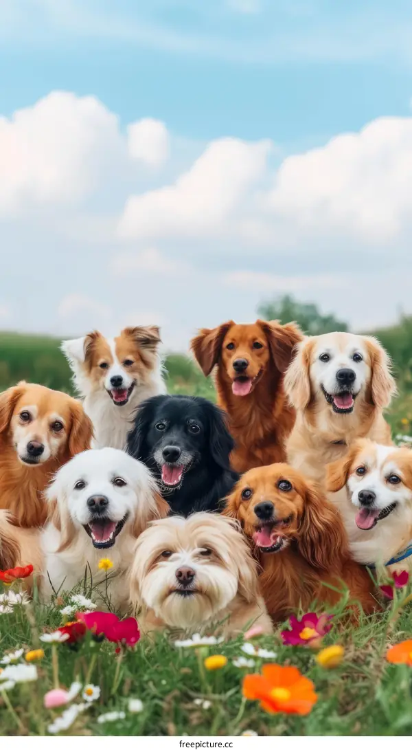 Group of Adorable Dogs Frolicking in a Meadow of Flowers