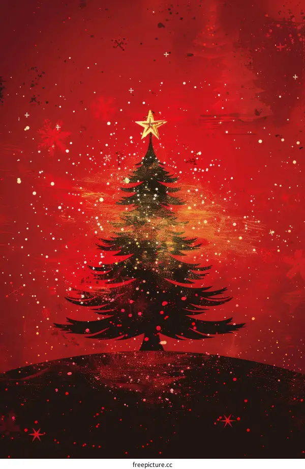 Red and gold Christmas tree with falling snow