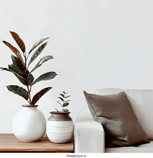 White Vase with Green Plant on Wooden Table with Beige Sofa