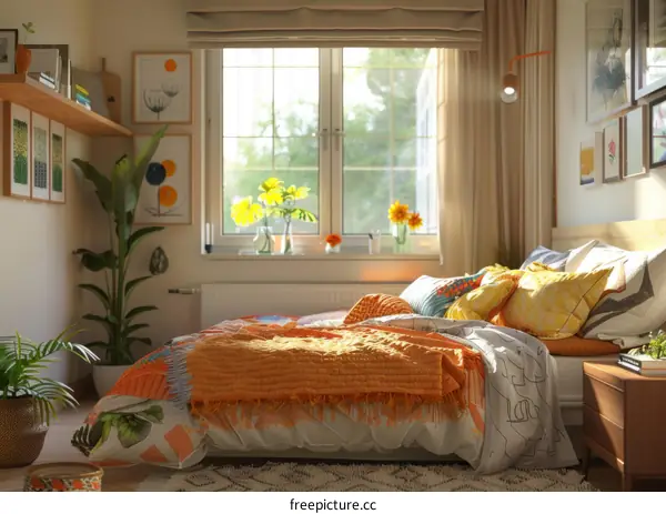 Cozy Bedroom with Large Window, Bed, Rug, and Plants