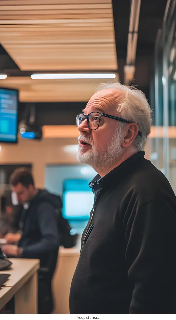 Senior Man in Black with Glasses and Grey Hair Looking Up