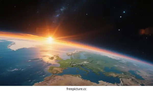 Beautiful sunrise over Earth from space with blue oceans