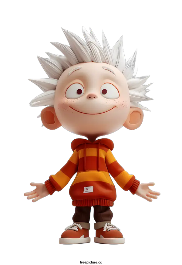 [Transparent Background PNG]Cute Cartoon Boy Character with White Hair in Orange Hoodie