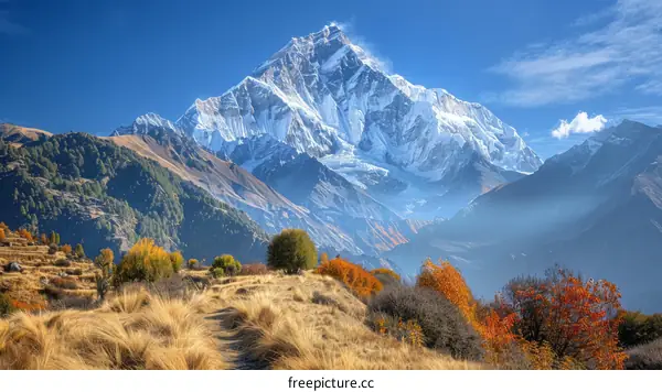 Majestic snow capped mountain peak of Annapurna mountain range in Nepal