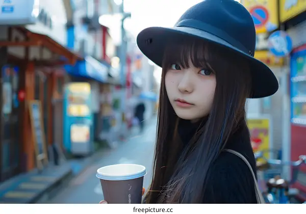 Young Japanese Woman in Hat Holding Coffee in a Street