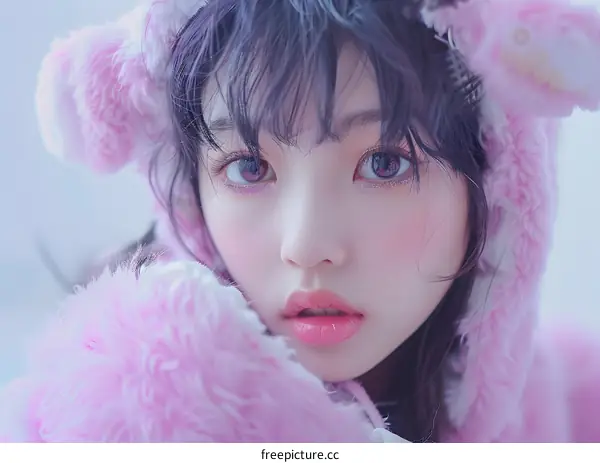 Close up Portrait of Young Asian Woman with Pink Furry Hood