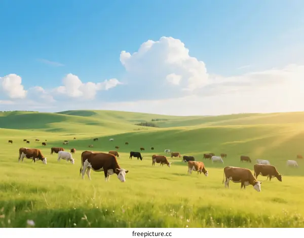 Green Pasture with Grazing Cows Under Blue Sky