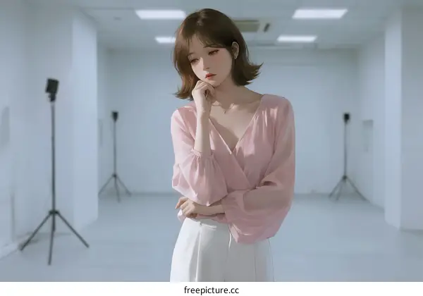 Young Asian Woman Wearing Pink Blouse in Empty White Room
