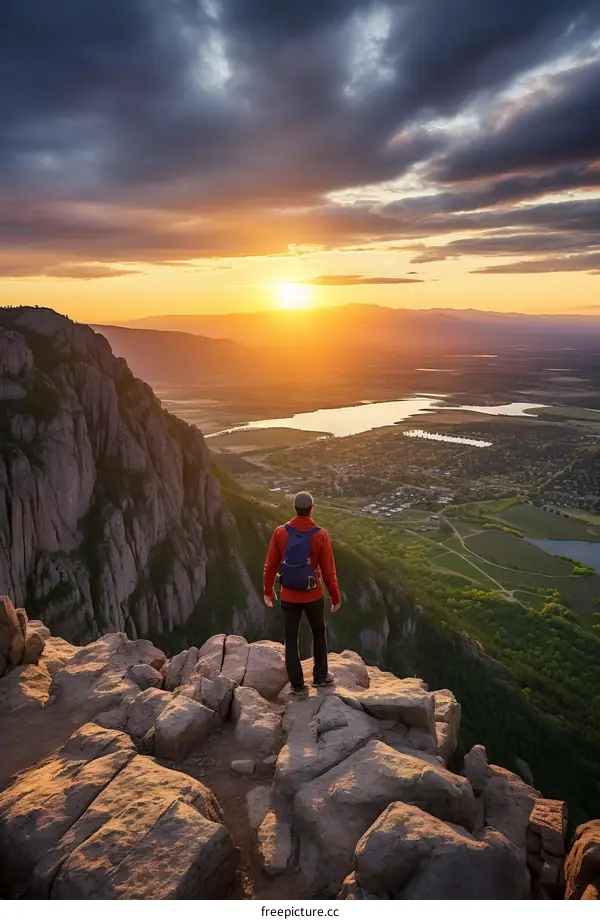 Man standing on a mountain peak overlooking a valley at sunset