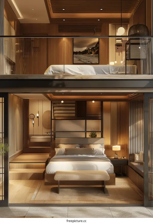 Modern Loft Style Bedroom with Wooden Interior Design
