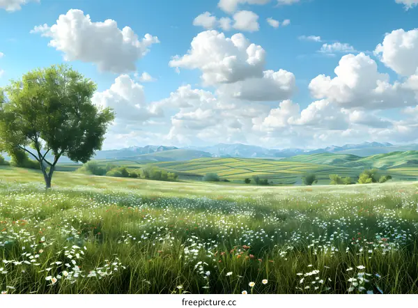 Green rolling hills with flowers and blue sky