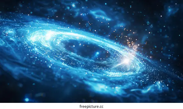 Blue and white glowing spiral galaxy with stars