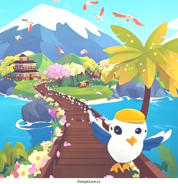 Cute Bird On Bridge With Flowers And Mountain Landscape