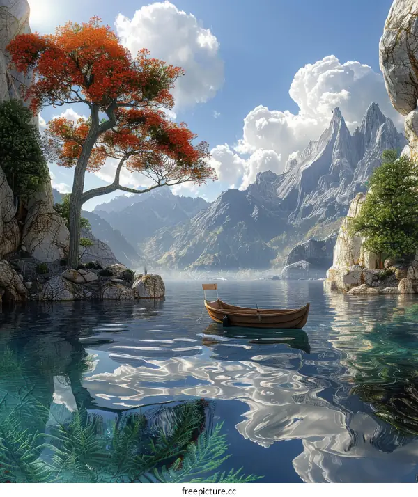 Scenic Mountain Lake With Boat And Tree
