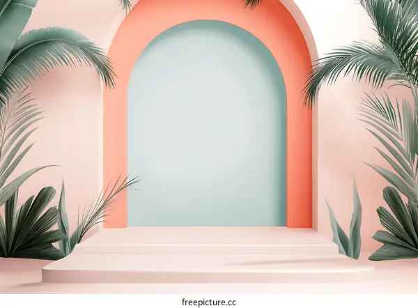 Tropical Minimalist Archway with Steps and Palm Leaves