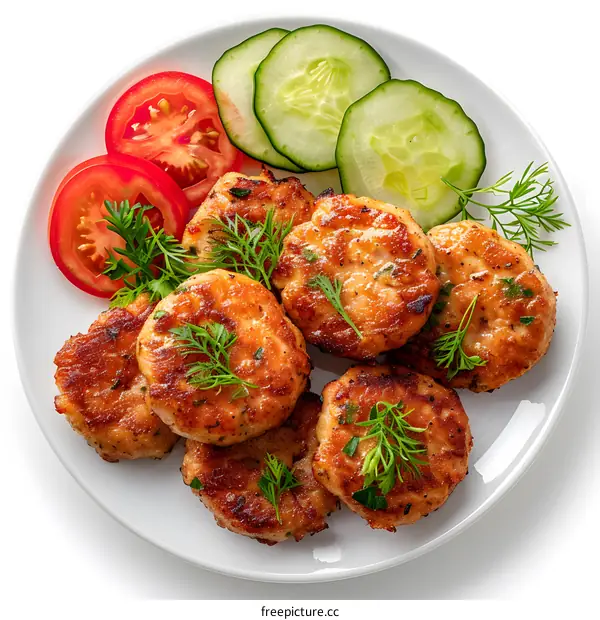 Salmon patties with vegetables on a white plate