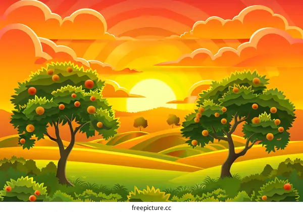 Sunset Landscape with Orange Trees Illustration